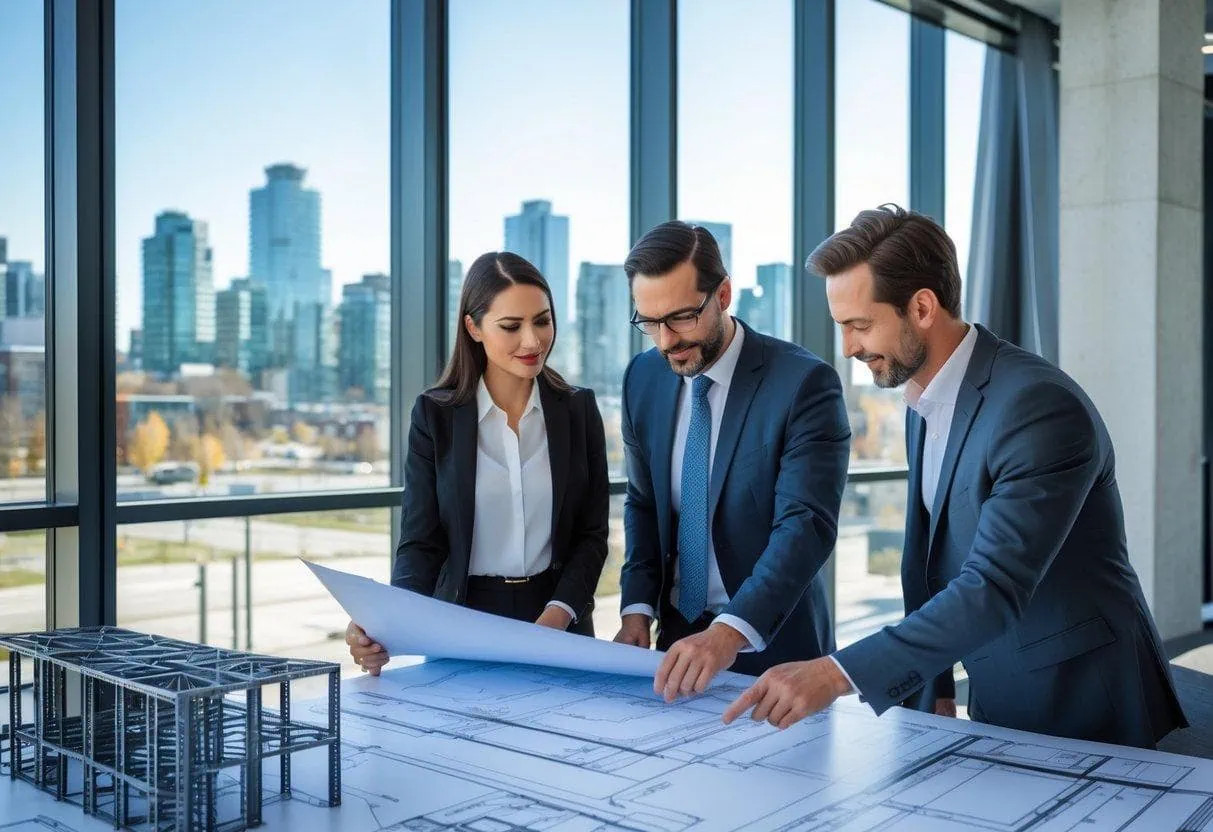 Two people discussing steel building plans in a modern office with a Canadian city skyline visible through the windows.
