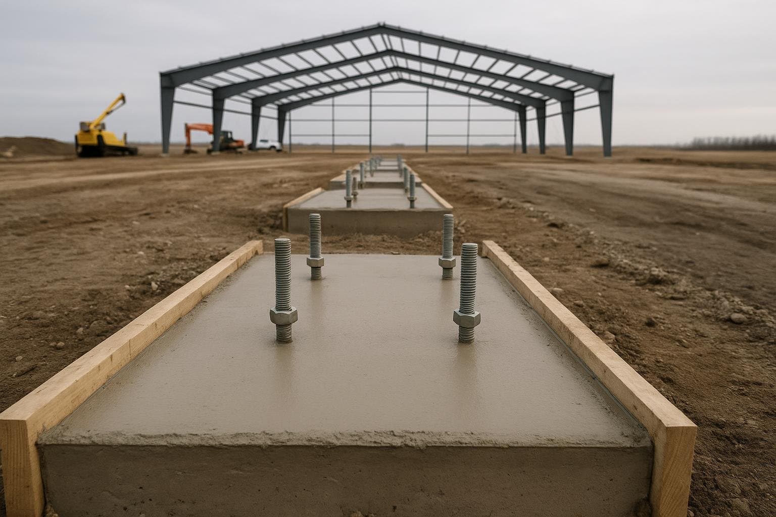 Anchor bolts set in a concrete foundation footing for a steel building in Alberta