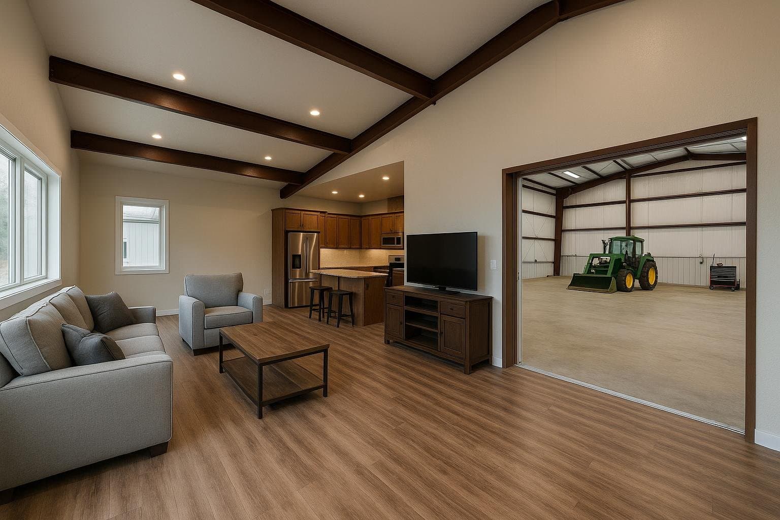Finished barndominium living space interior with insulated walls adjacent to steel shop bay