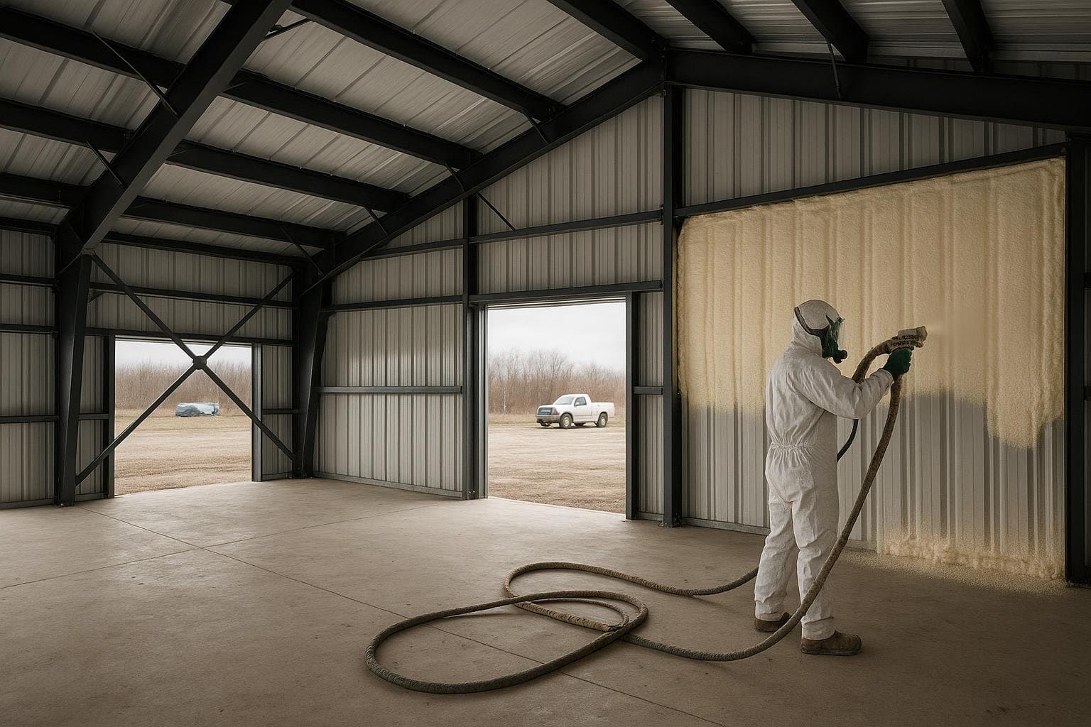 Licensed applicator spraying closed-cell foam insulation on steel barndominium wall panels