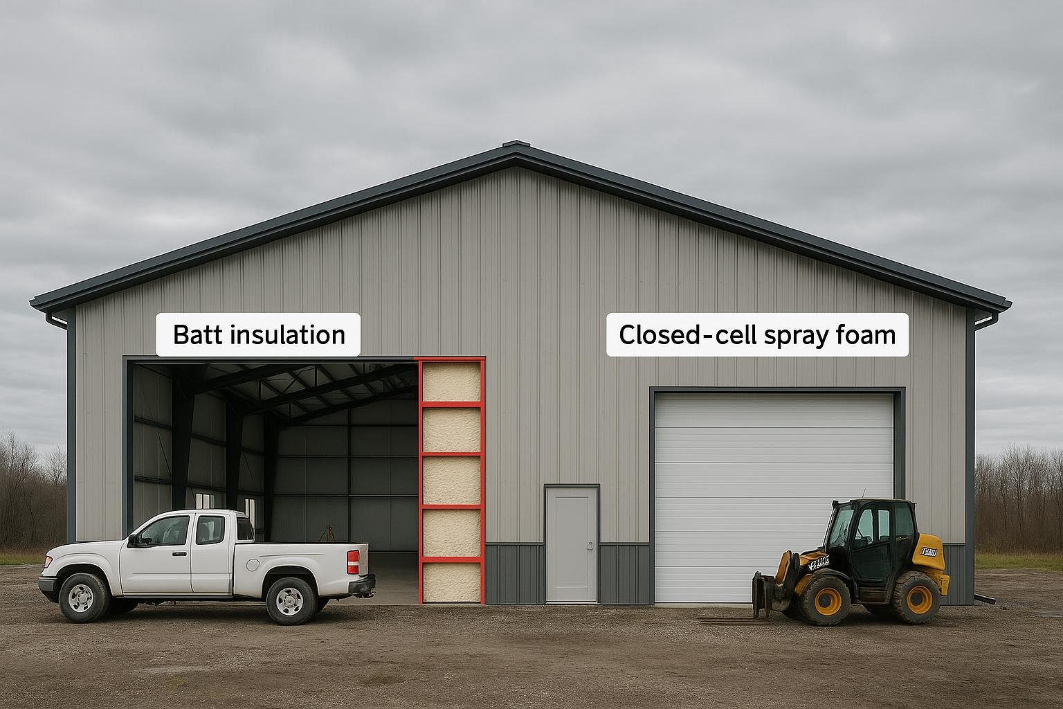 Comparison of batt insulation thermal bridging versus spray foam in steel barndominium wall