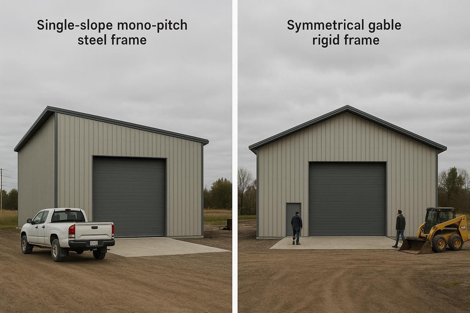 Side-by-side comparison of single-slope and gable clear span steel frames