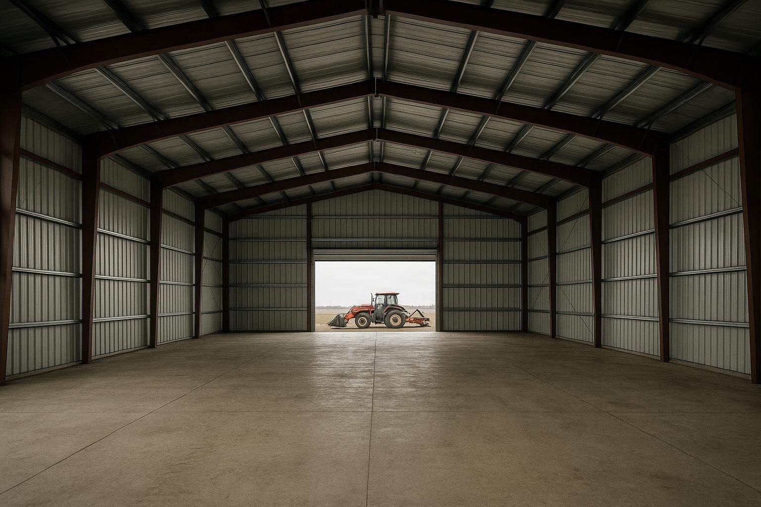 Unobstructed interior of a clear span rigid-frame steel building
