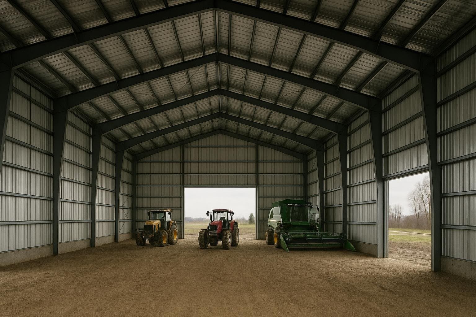 Clear-span steel agricultural building interior with open floor space