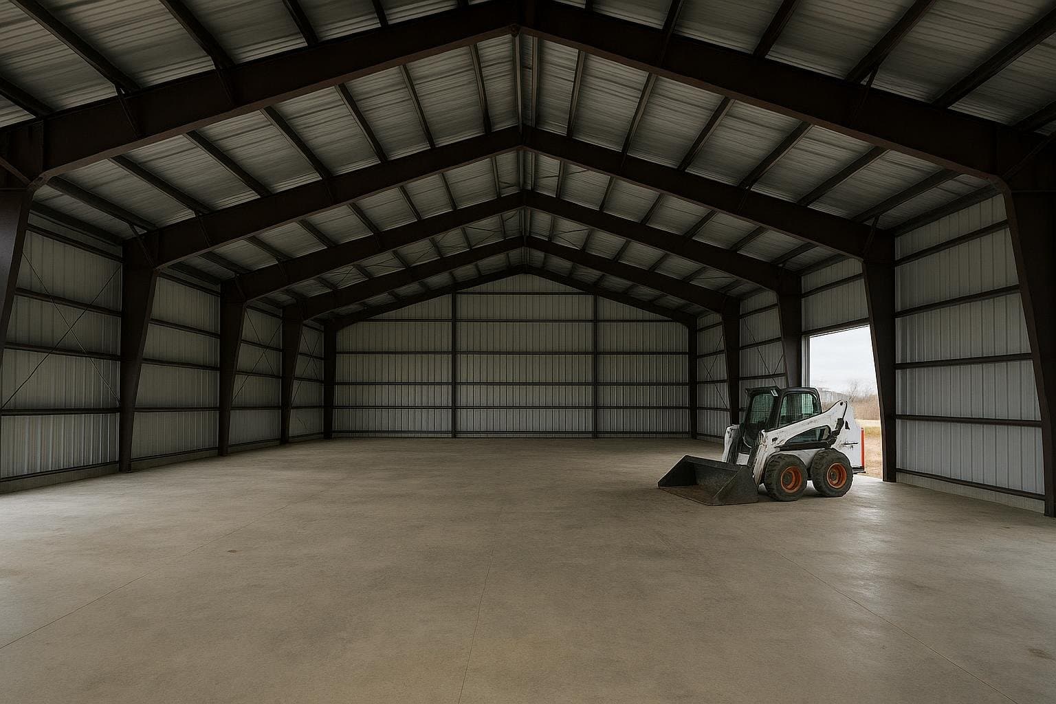 Clear-span steel building interior showing open structural frame and roof panels