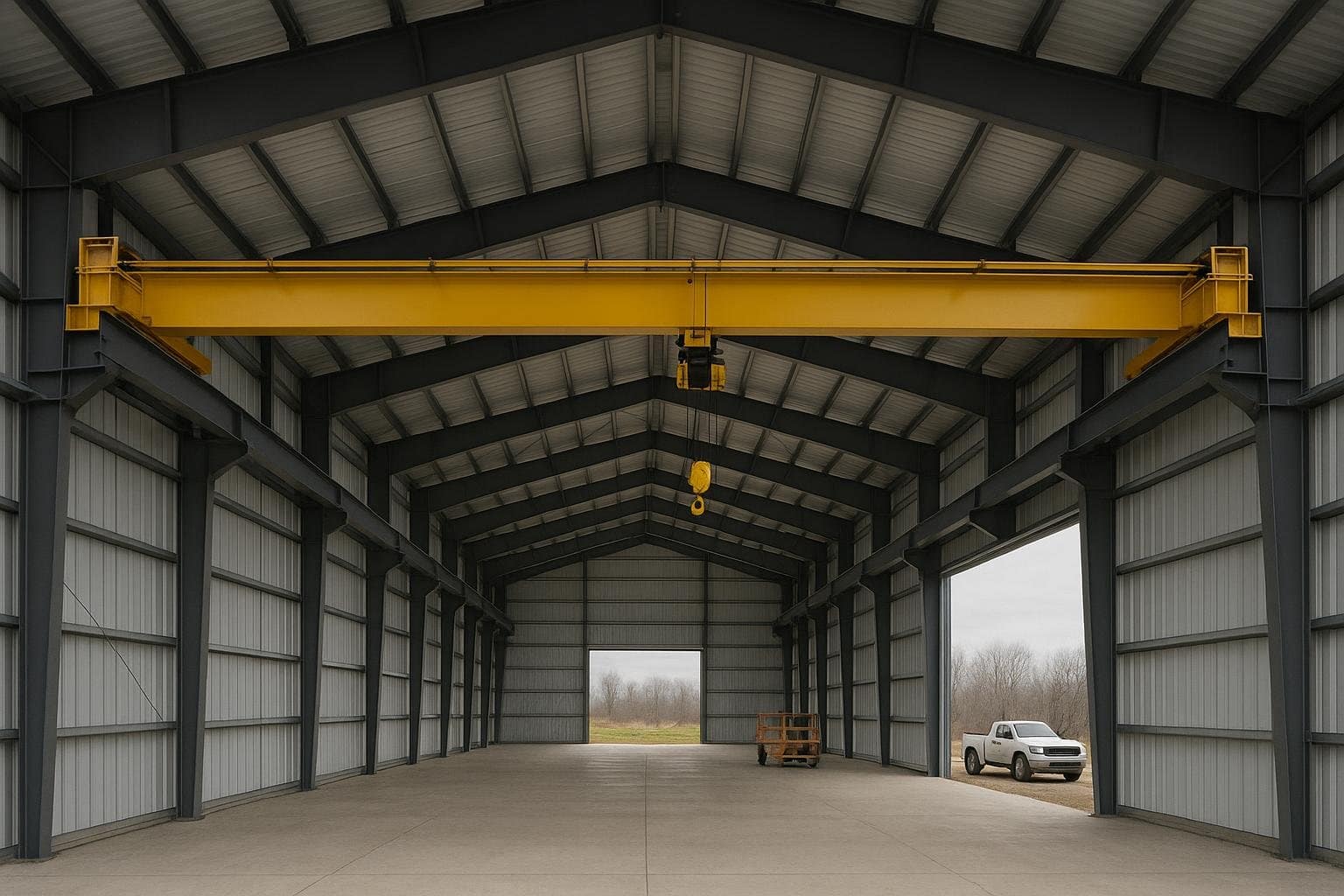 Overhead crane runway beam inside a clear span steel building