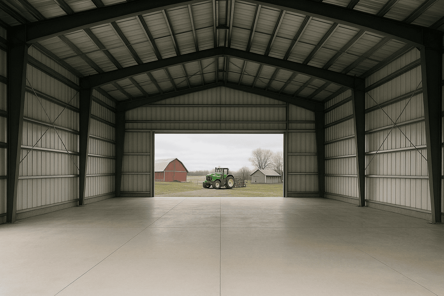 Interior of a clear-span steel building showing unobstructed equipment storage lanes on a farm
