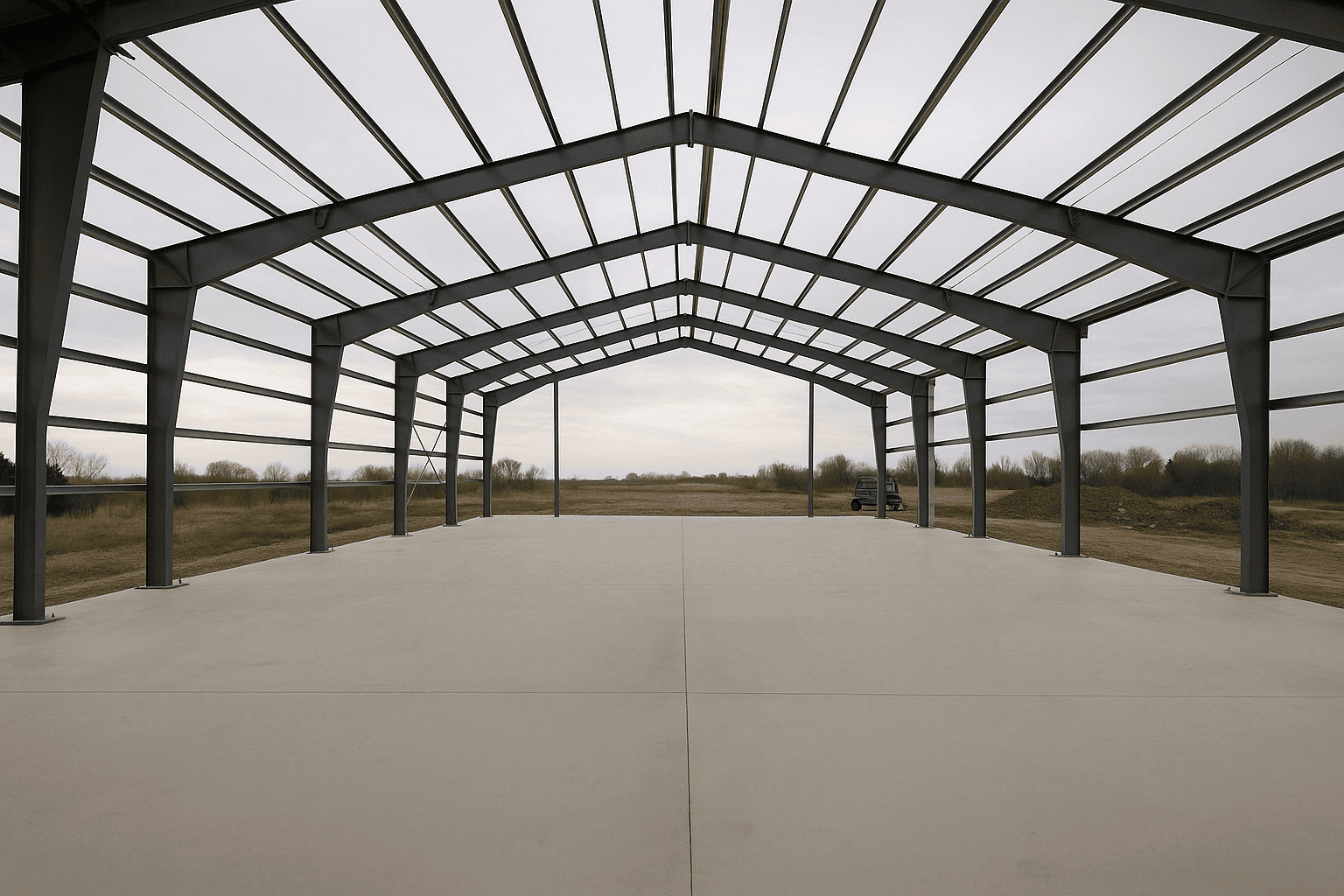 Interior of a clear-span steel warehouse frame showing rafters purlins and open floor space