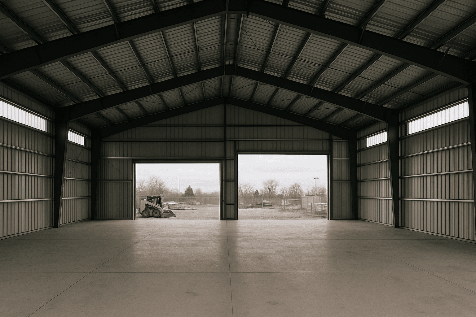 Interior of a clear-span steel building showing column-free space suitable for automotive use