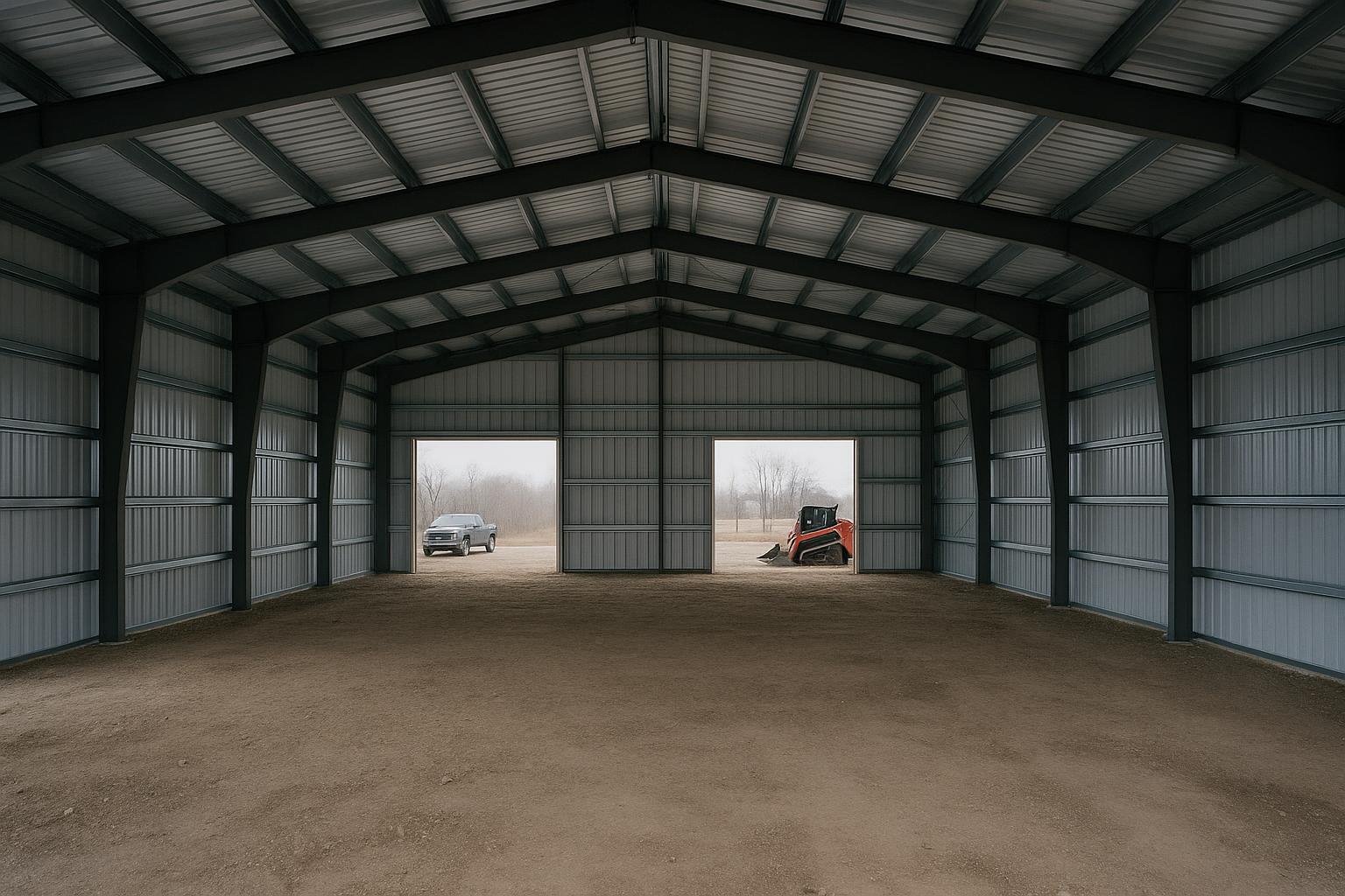 Clear-span interior of a steel garage kit building under construction in Ontario