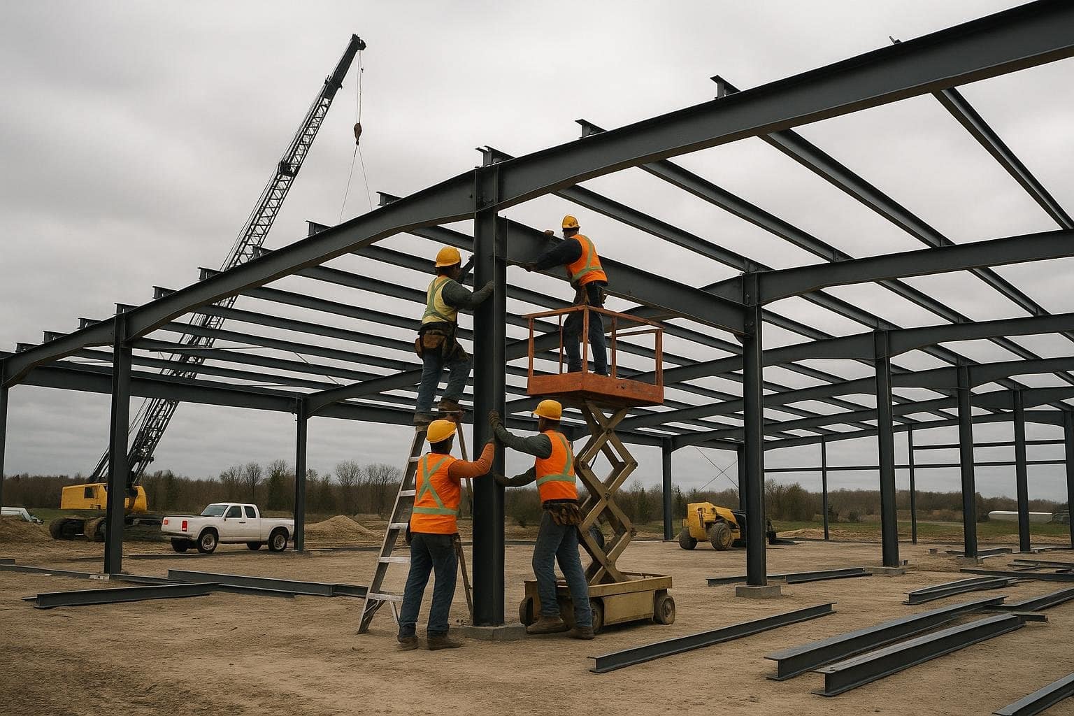 Steel erection crew assembling primary frame columns on an Ontario commercial site