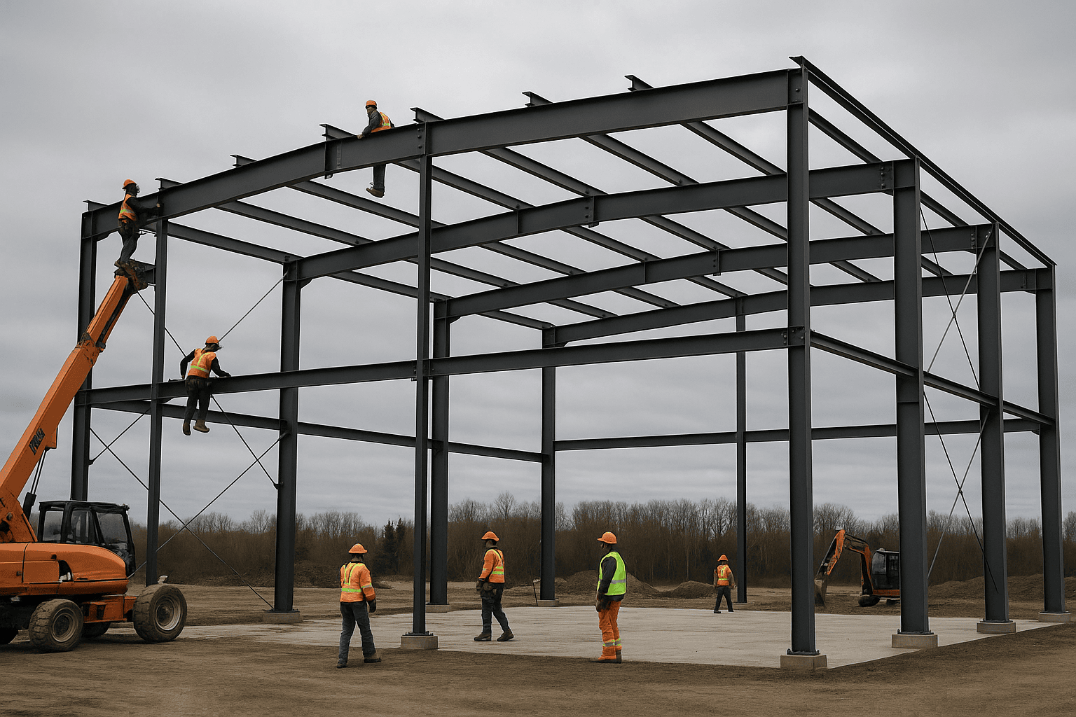 Iron workers bolting wide-flange conventional steel columns and beams on a Canadian construction site