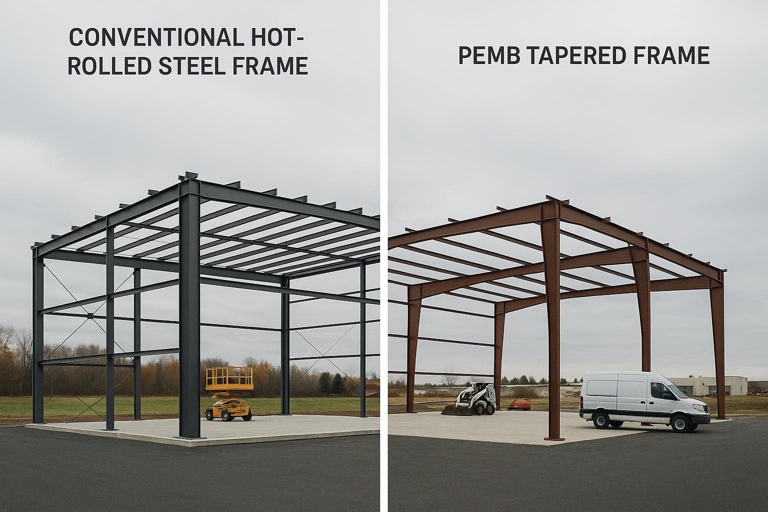 Conventional structural steel frame compared to PEMB tapered warehouse frame