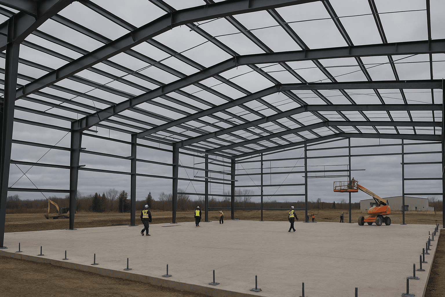 Steel rigid frame columns and rafters being erected inside a hangar under construction