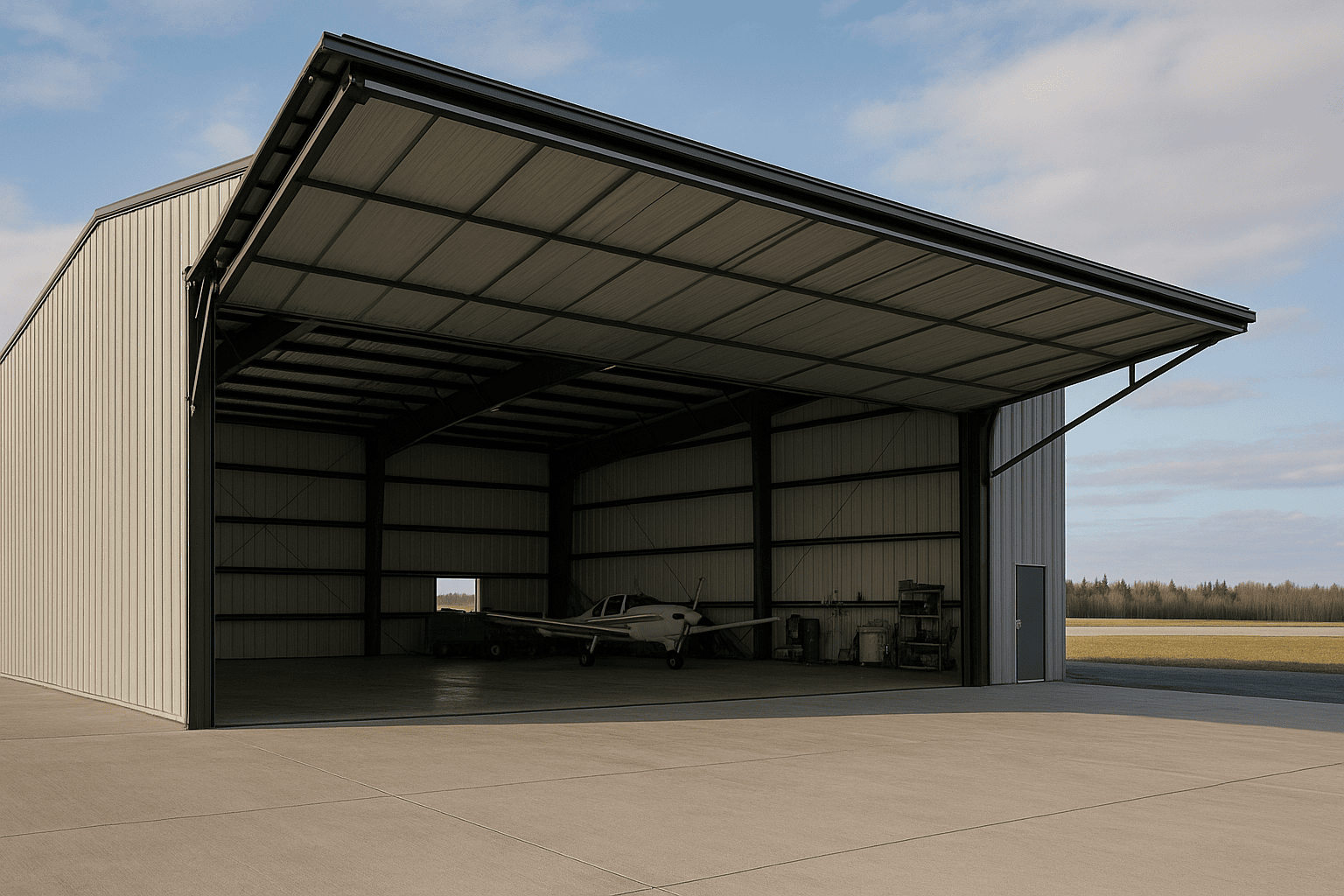 Hydraulic bifold hangar door fully open on a steel building at a Canadian airport