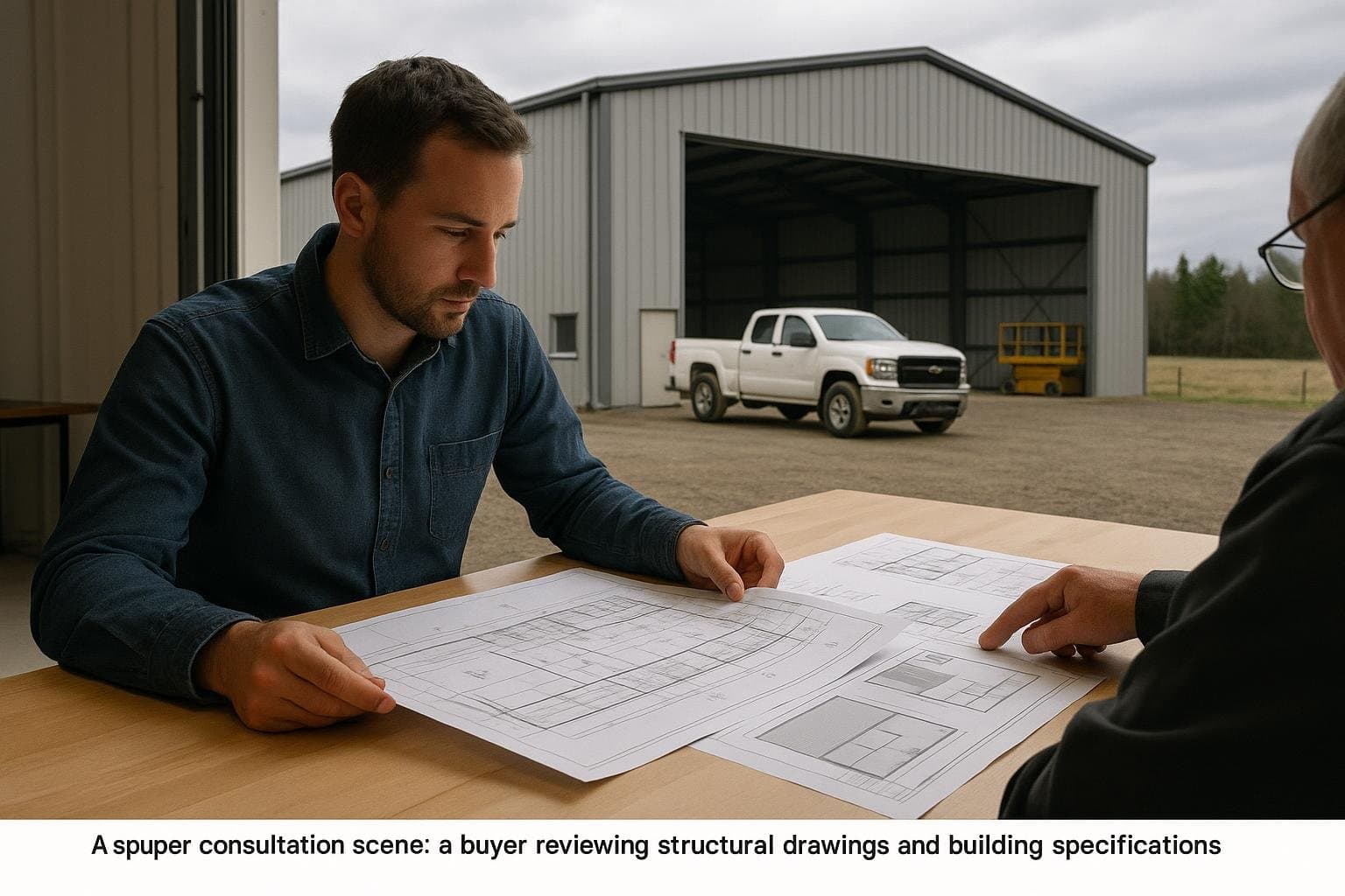 Buyer reviewing steel building structural drawings with supplier representative