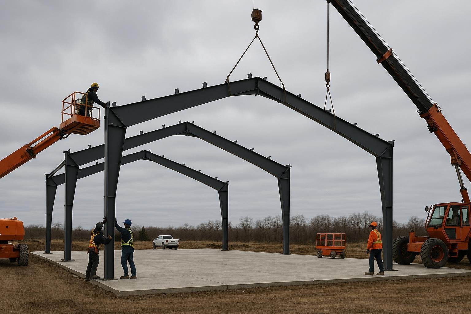 Steel building primary frame erection on concrete foundation at Ontario site
