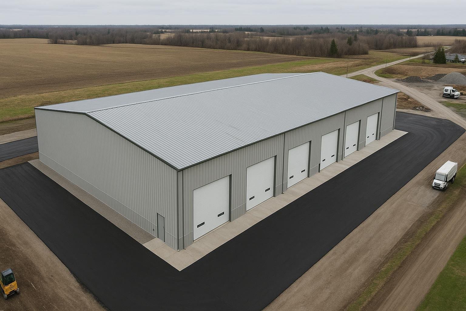 Aerial view of a completed multi-span commercial steel warehouse in Ontario