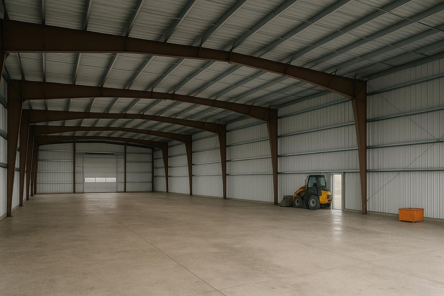 Clear-span PEMB warehouse interior showing tapered steel rigid frames
