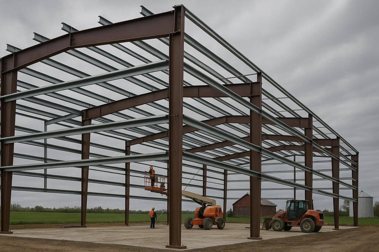 Steel primary frame assembly for a pre-engineered farm building in Canada