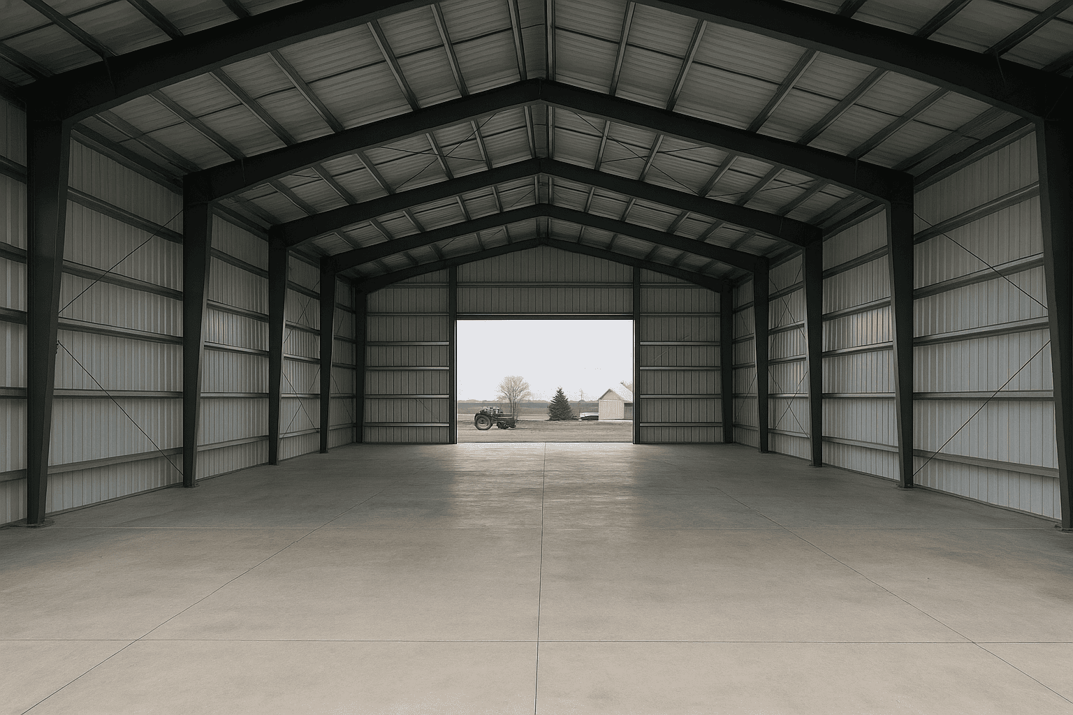 Interior clear-span frame of a pre-engineered steel warehouse showing purlins and girts