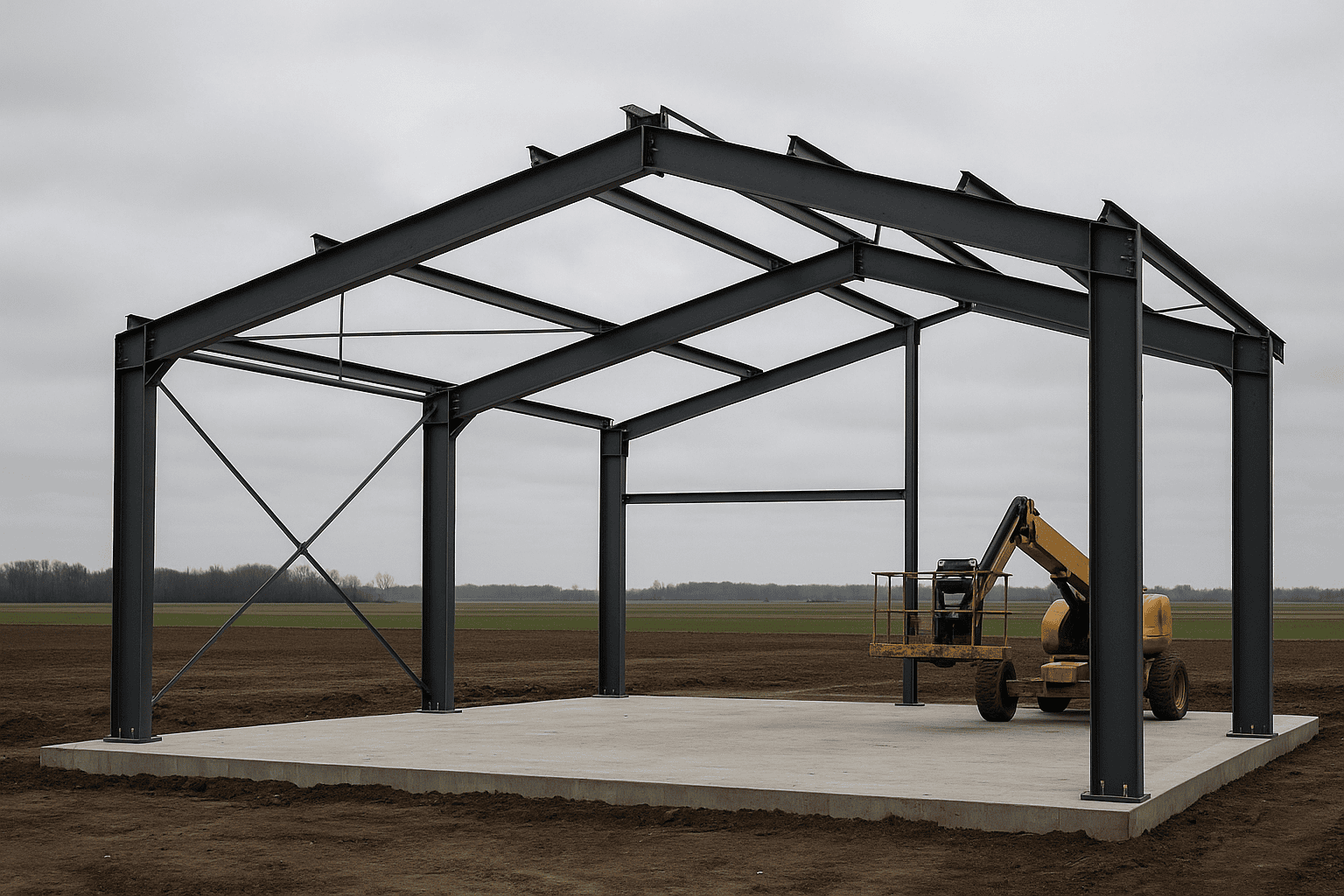Steel rigid frame primary columns and rafters being assembled on a concrete foundation in Ontario
