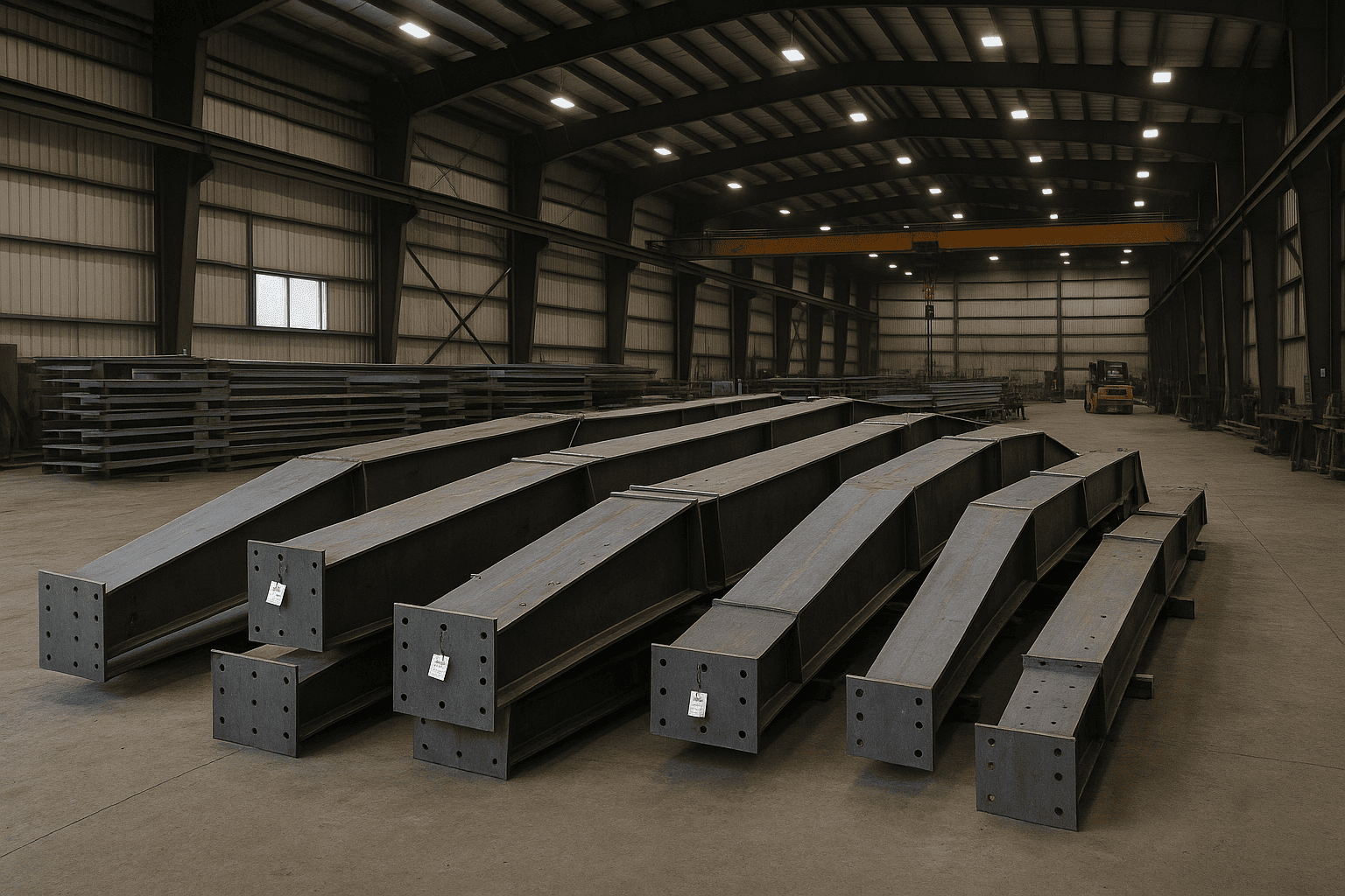 Tapered rigid steel frames for a pre-engineered metal building stacked in a Canadian fabrication facility