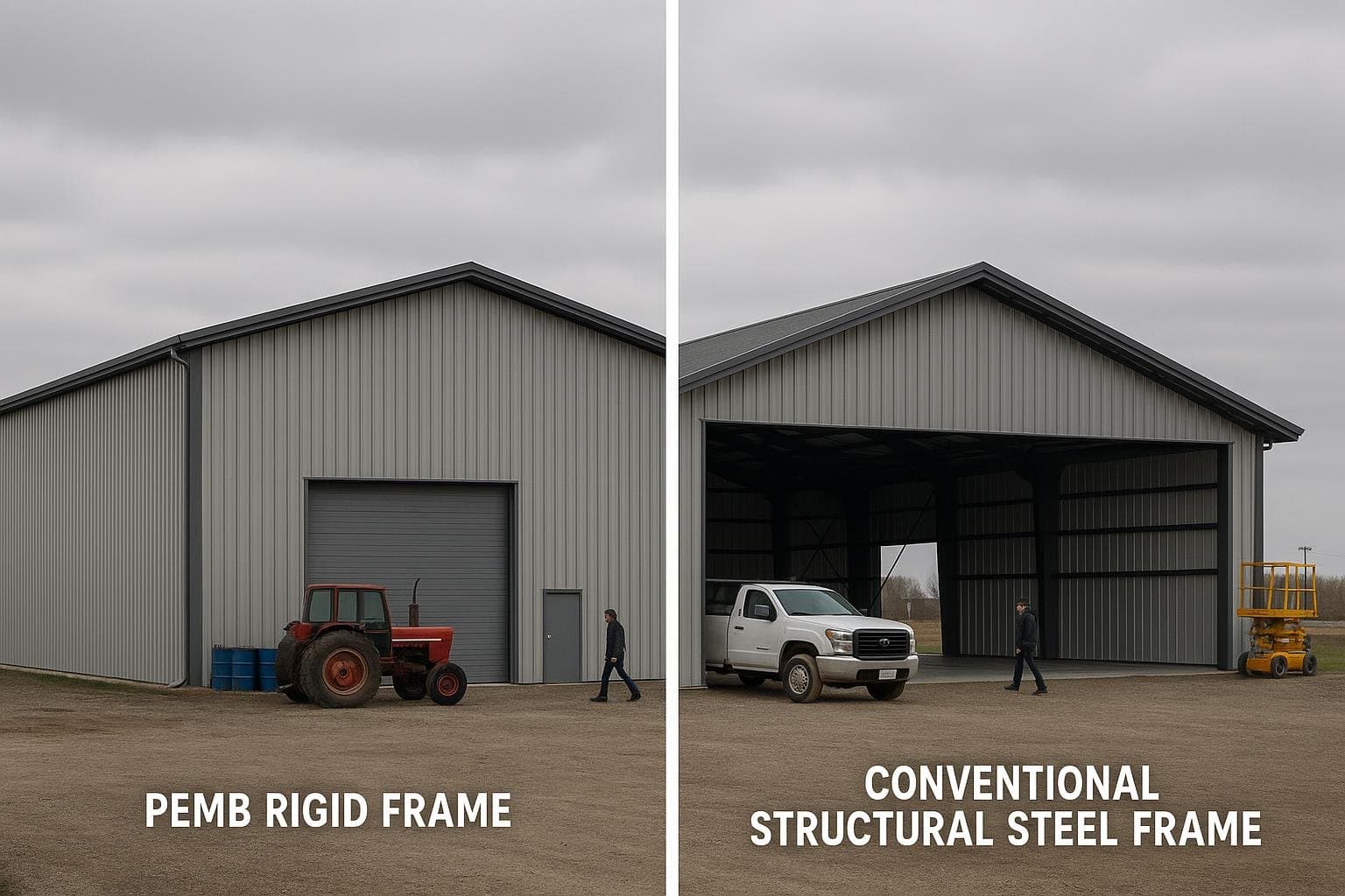 Side by side comparison of PEMB and conventional steel building frame profiles