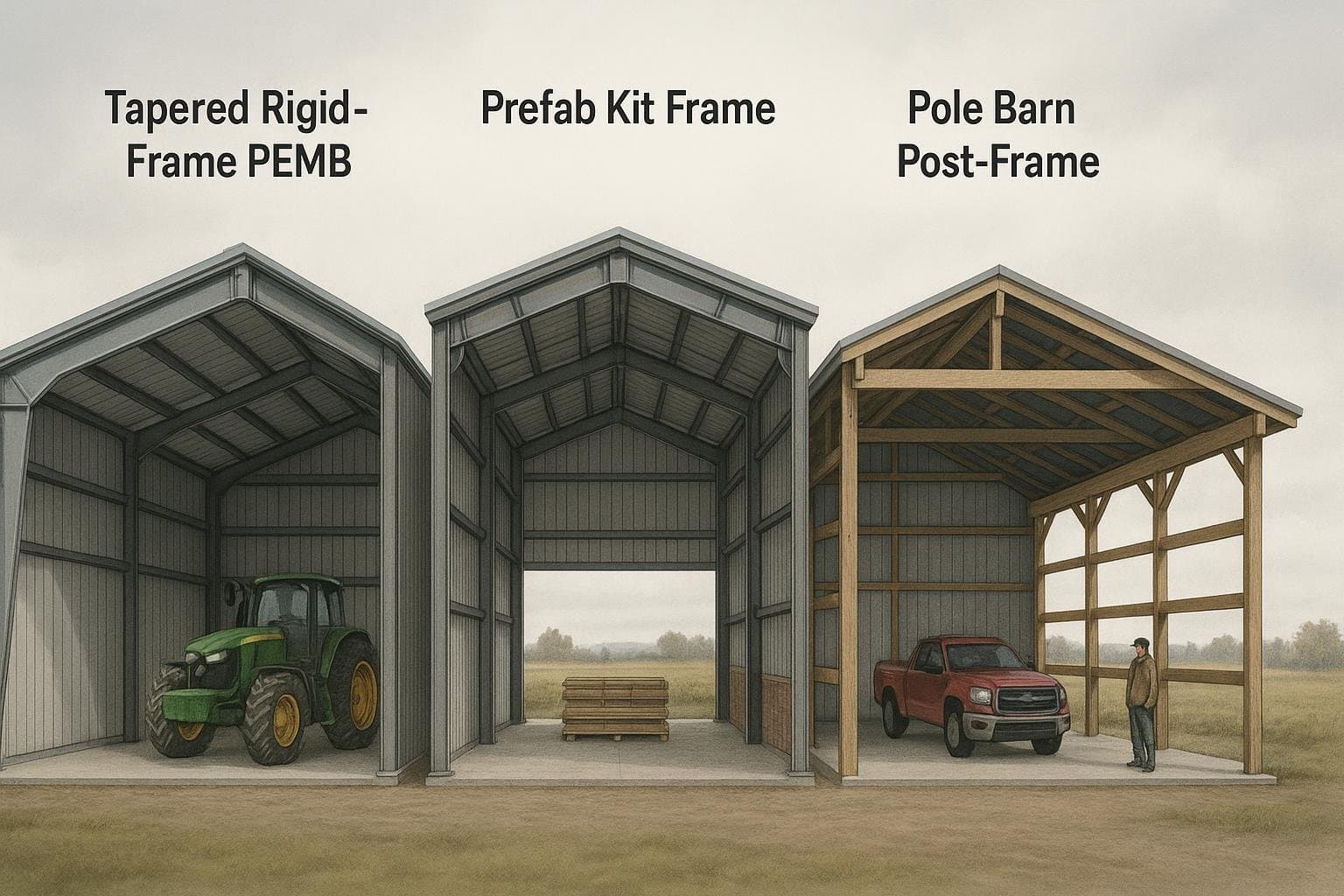 Diagram comparing PEMB rigid frame to prefab kit and pole barn frame cross-sections