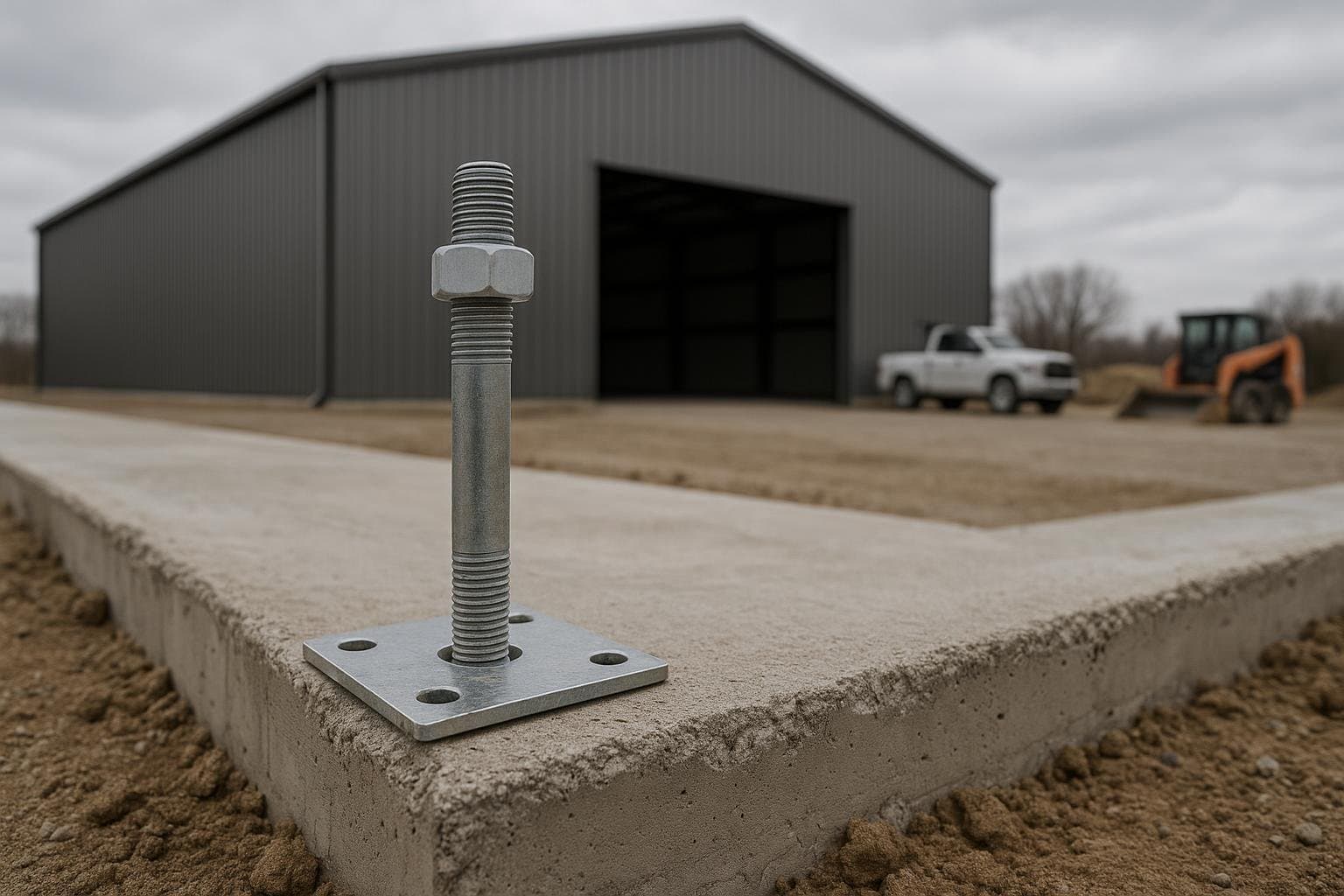 Steel building anchor bolts set in concrete slab footing for prefab garage