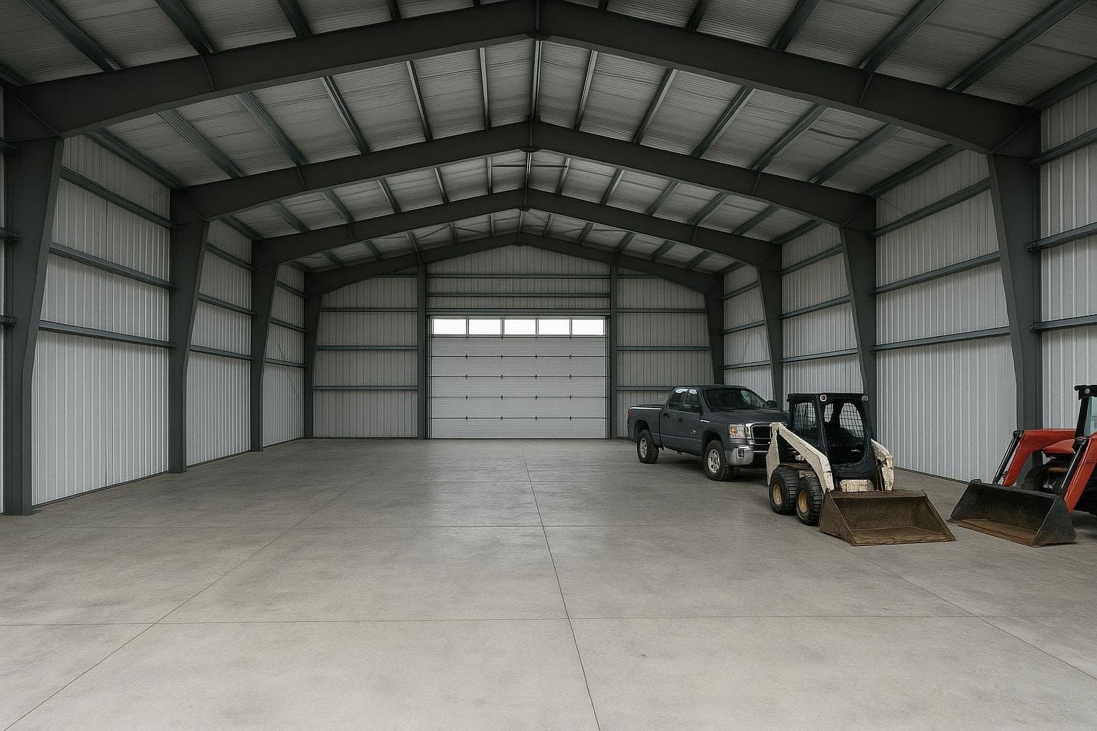 Clear-span interior of a steel prefab garage with no interior columns