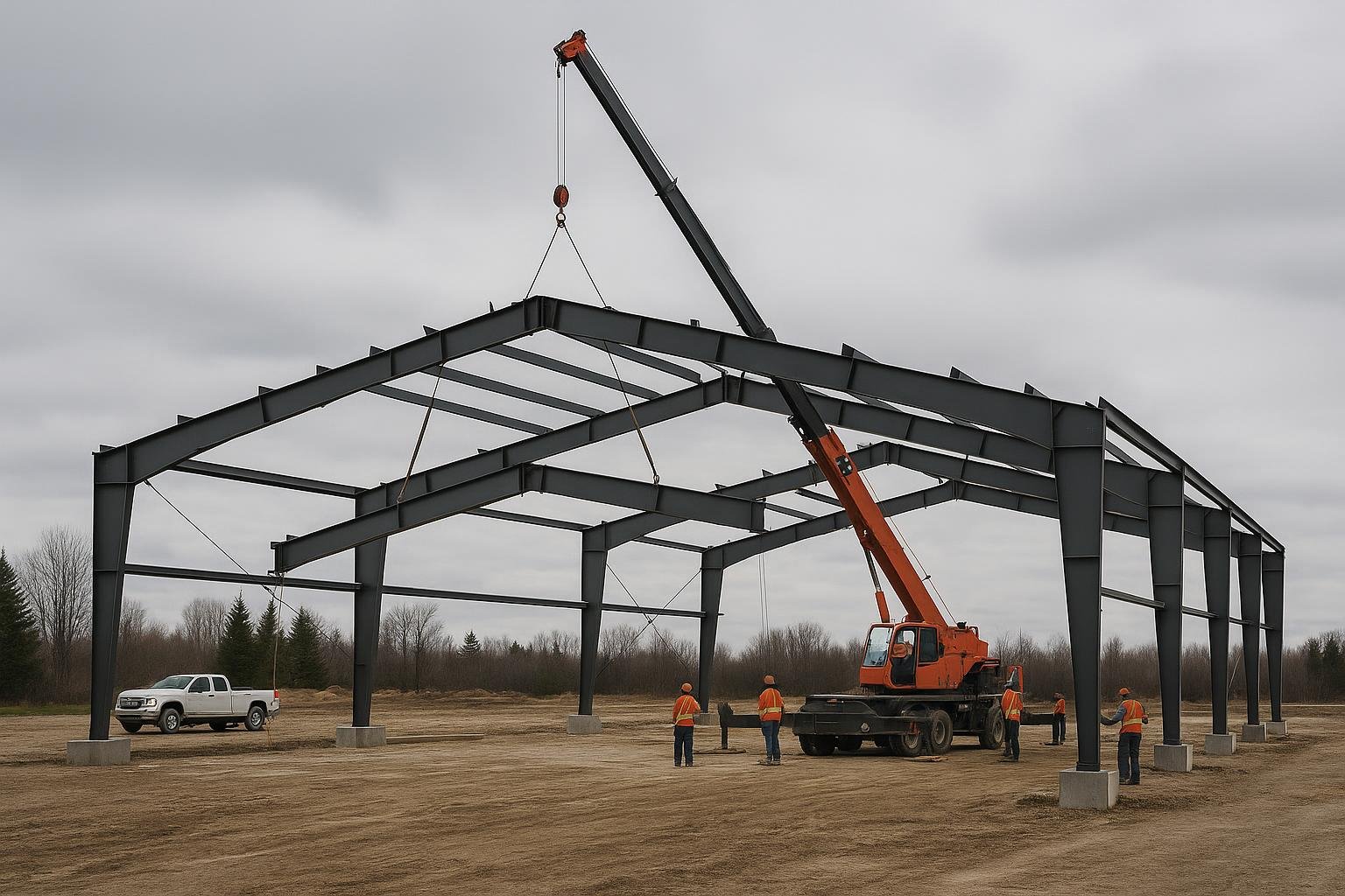 Crane lifting steel rigid frame during prefab garage erection on Canadian site