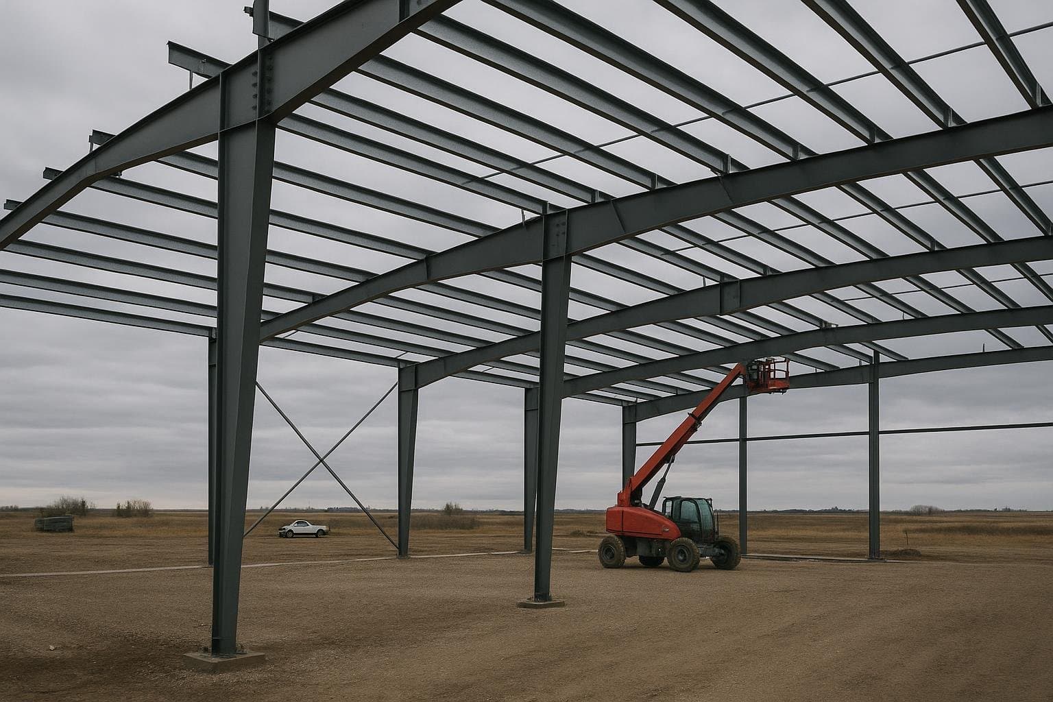Steel rigid-frame PEMB columns and rafters being assembled on an Alberta construction site