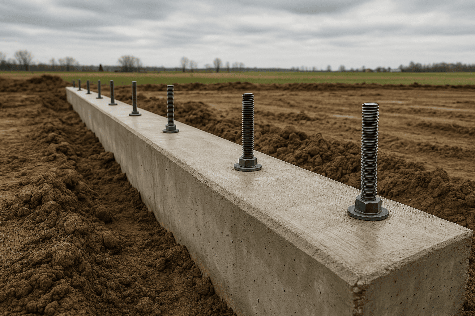 Concrete foundation with anchor bolts set for a steel agricultural building in Ontario
