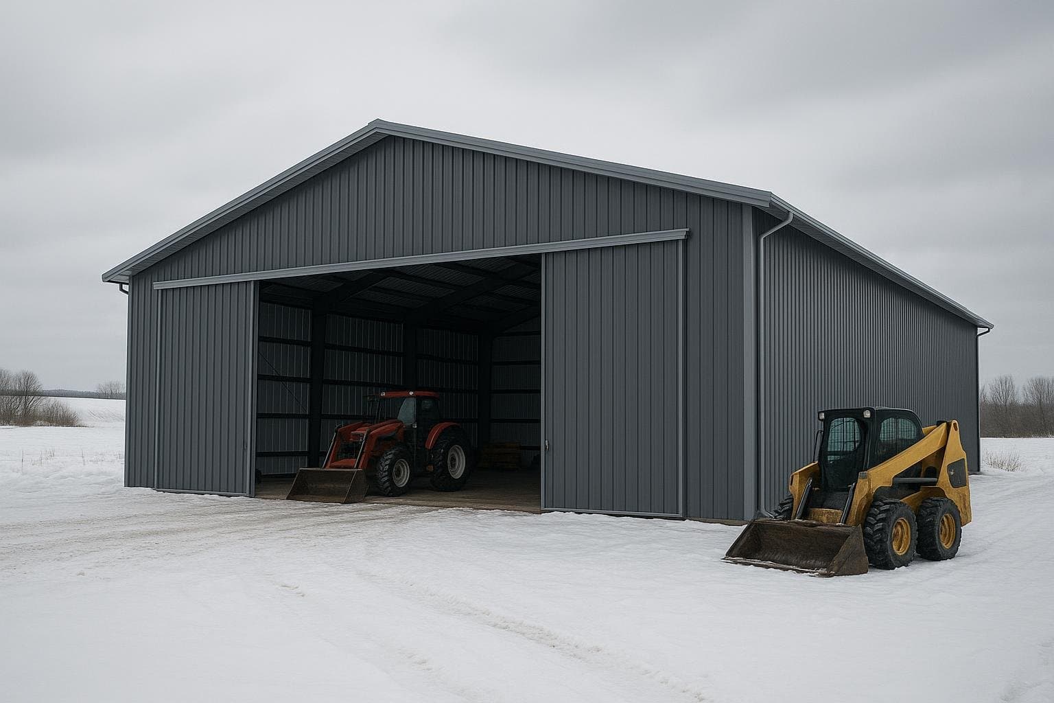 Steel agricultural storage building with open doors in snowy northern Alberta landscape