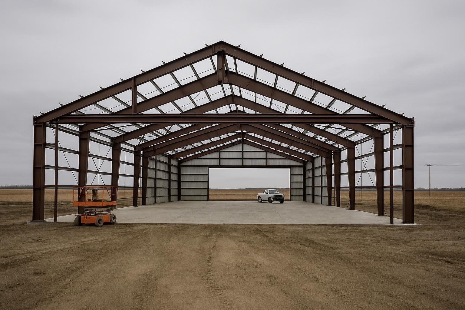 Steel airplane hangar under construction with wide clear-span framing Alberta