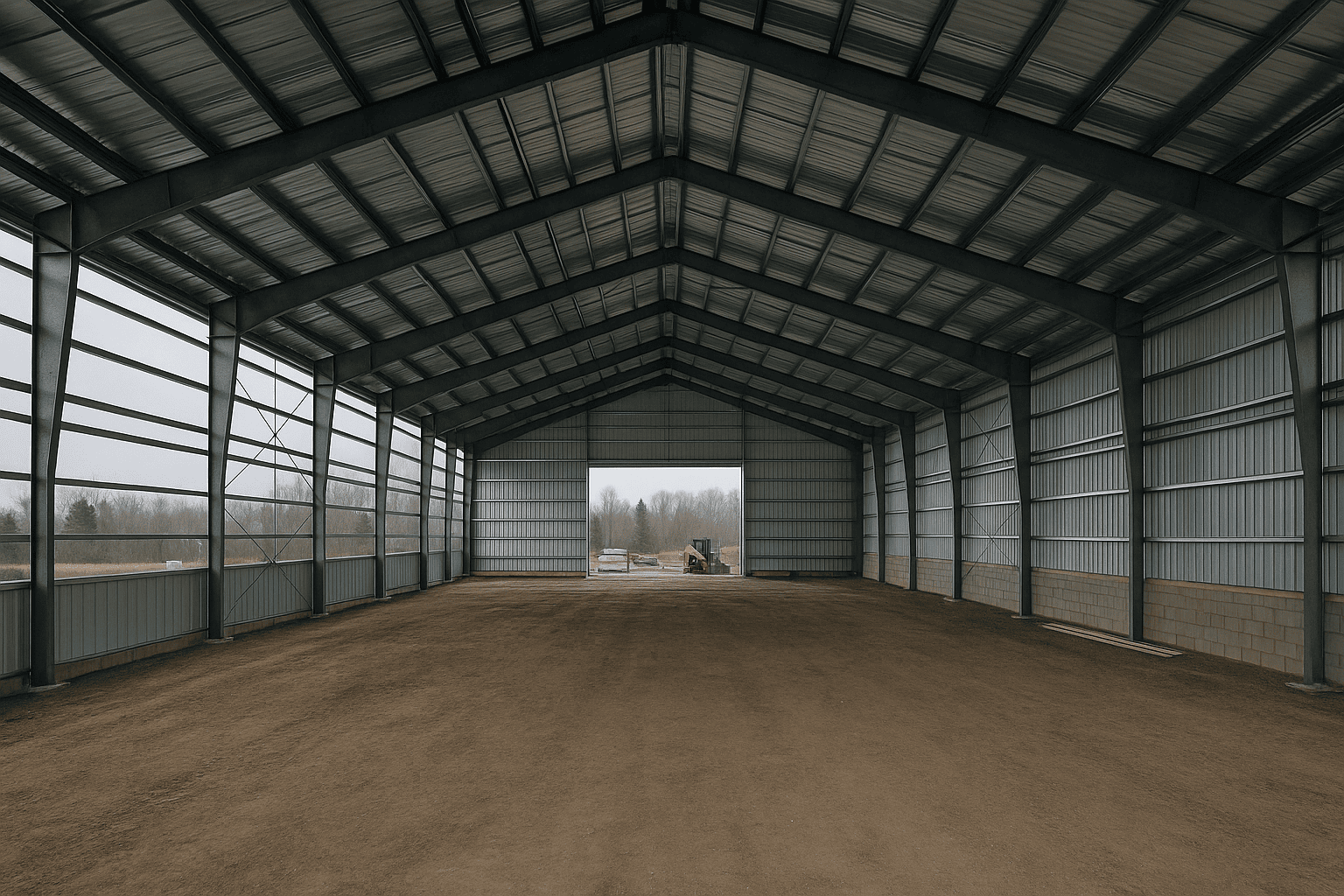 Interior clear-span steel frame of a riding arena showing purlins girts and open floor space
