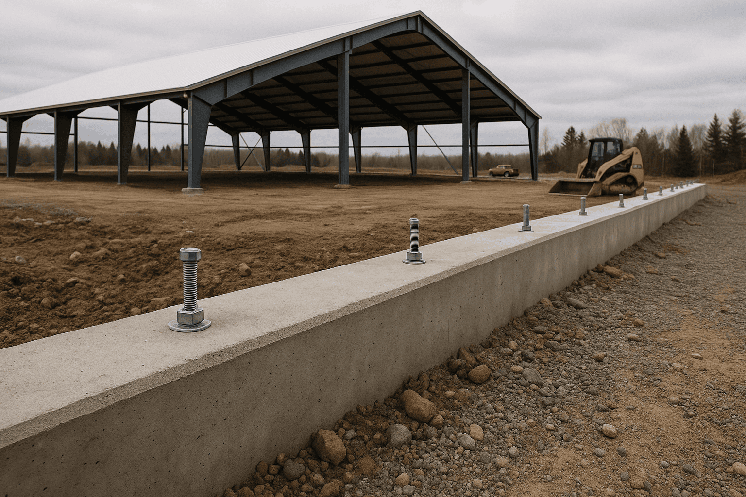 Concrete grade beam foundation with steel anchor bolts set for a riding arena building in Canada