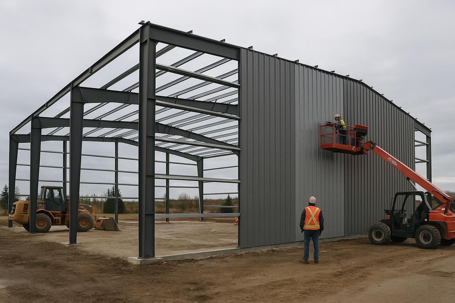 Workers installing ribbed steel cladding panels on purlins and girts of a metal building