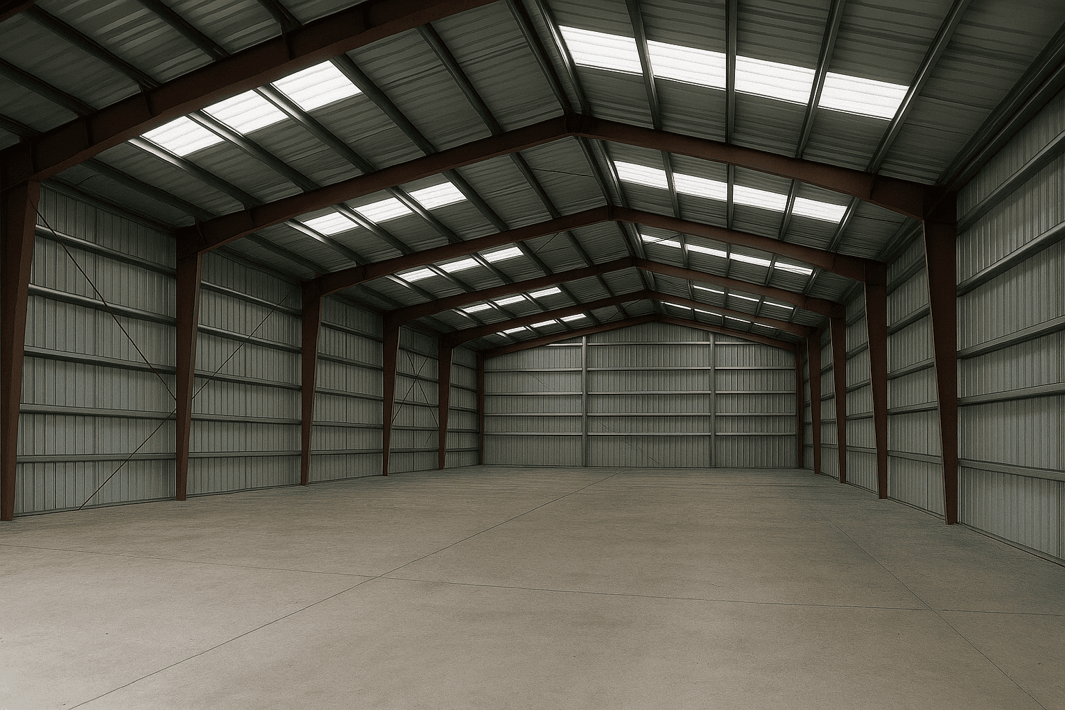Column-free clear-span interior of a pre-engineered steel building with purlins and girts visible
