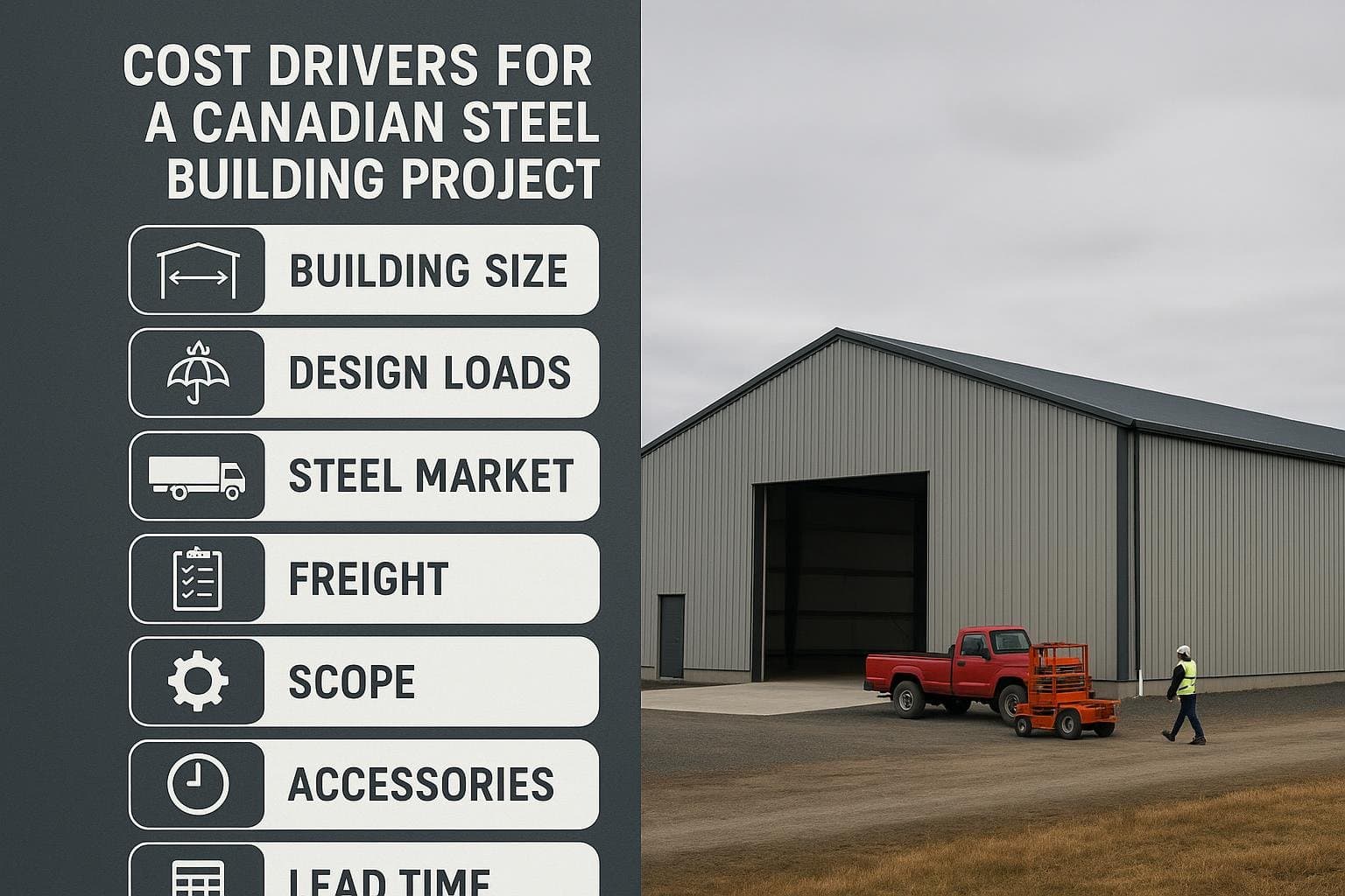 Ranked cost driver infographic for Canadian steel building supply projects