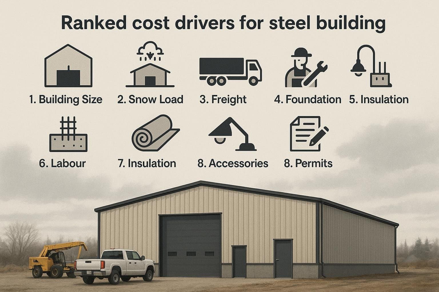 Ranked cost driver infographic for steel building projects in Fort McMurray Alberta