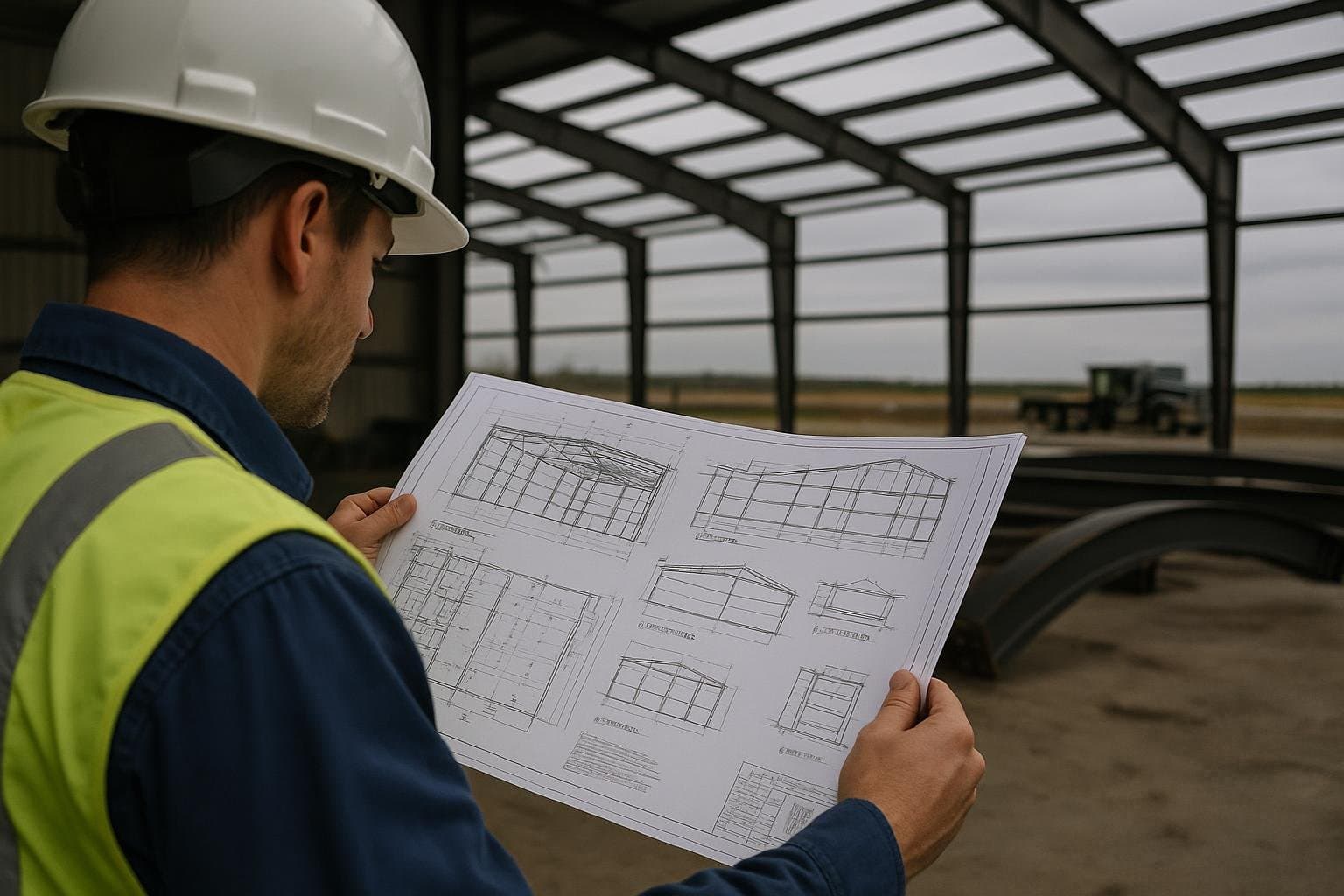 Engineer reviewing stamped drawings for a Canadian steel building project