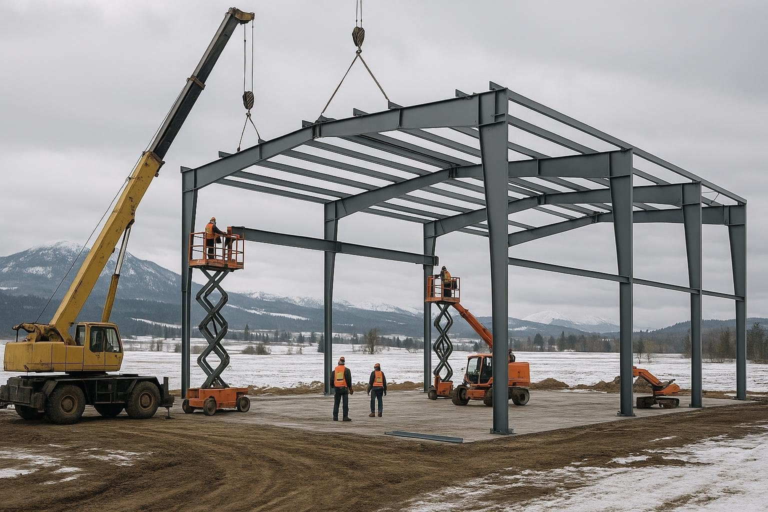 Workers erecting a pre-engineered steel building frame on a Canadian site