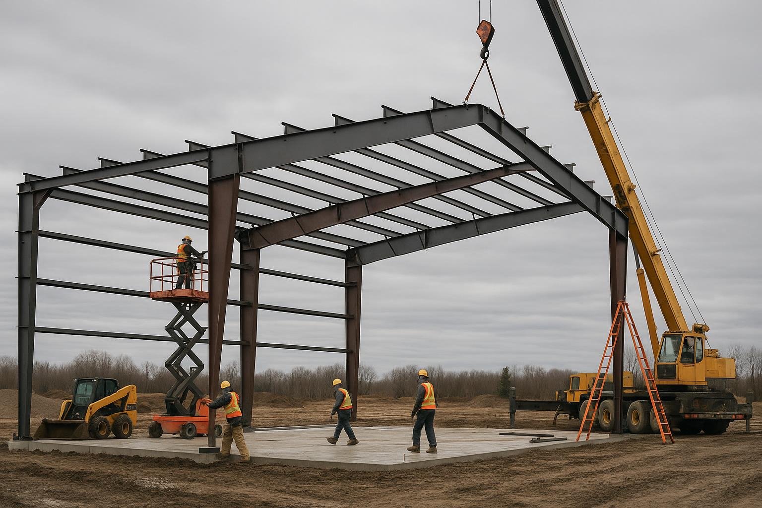 Steel building erection crew assembling primary frames on a Canadian site