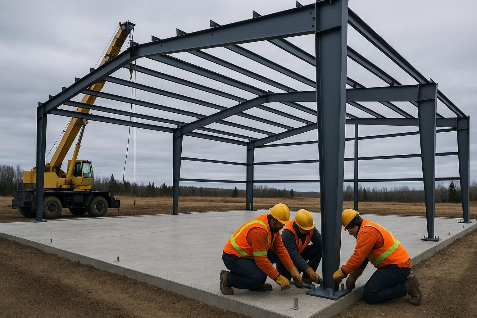 Steel building erection crew and crane assembling primary frame on northern Alberta site
