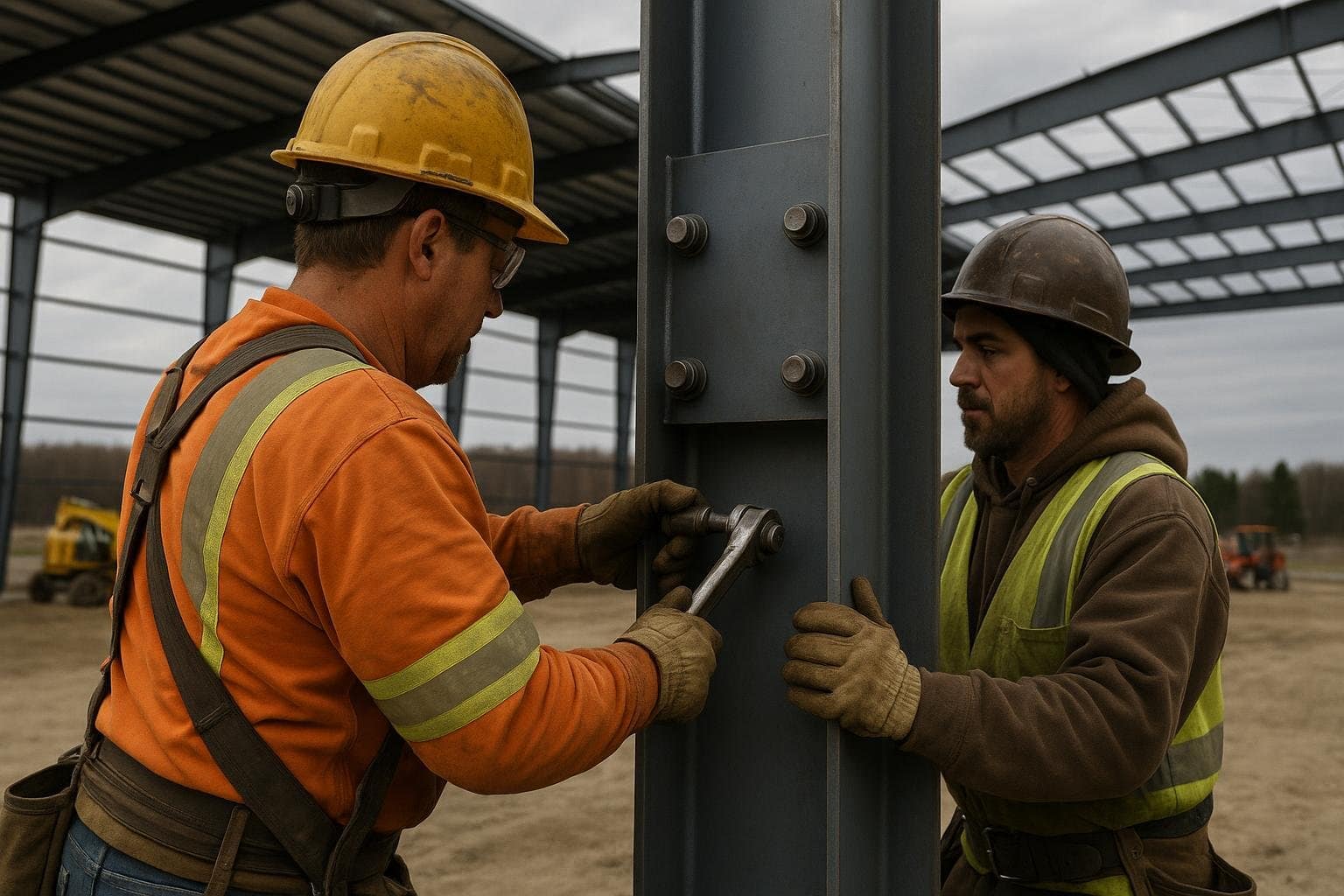 Steel erection crew bolting primary frame columns on an Ontario building site