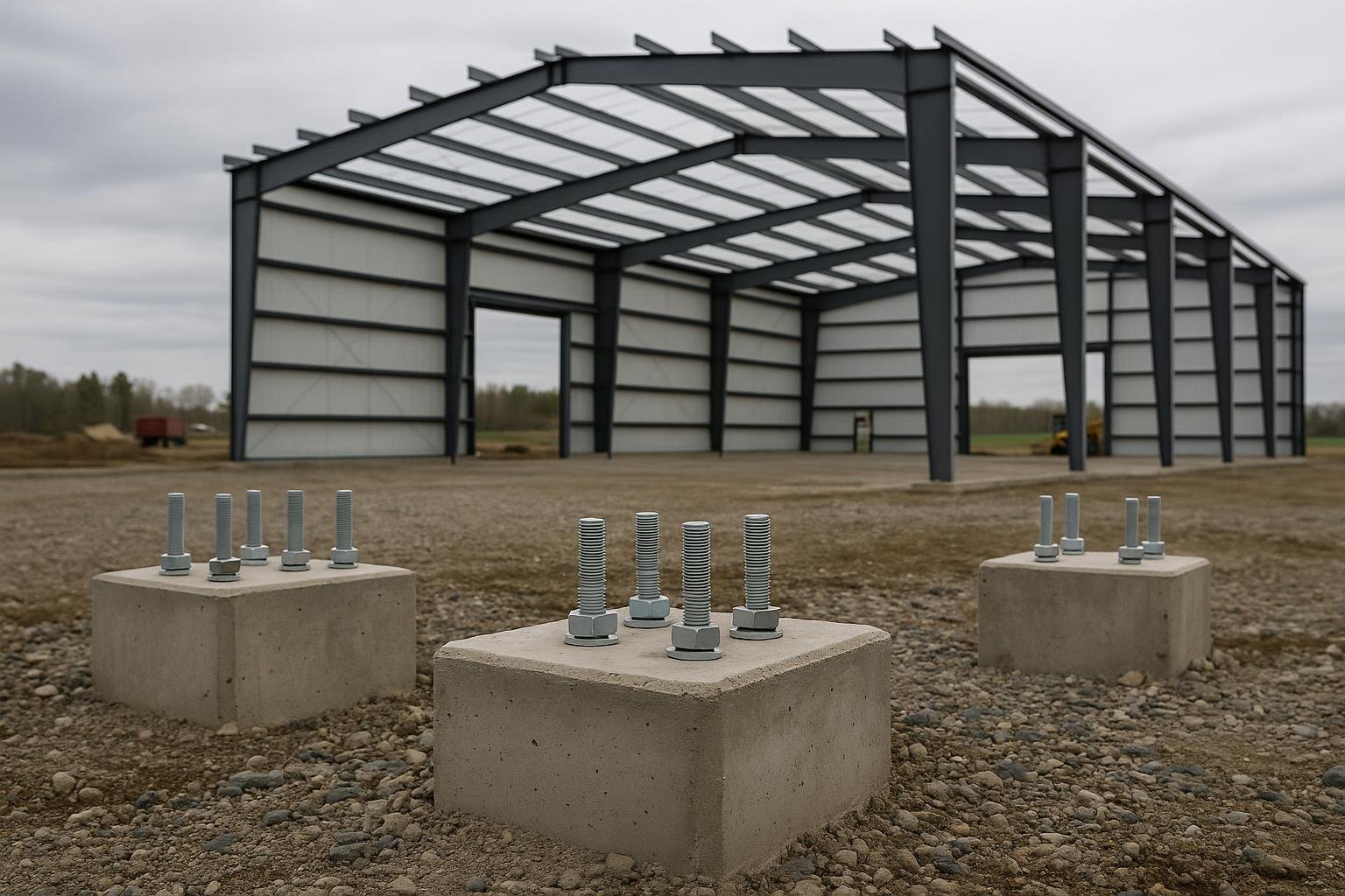 Concrete foundation piers with steel anchor bolt clusters ready for a pre-engineered building frame