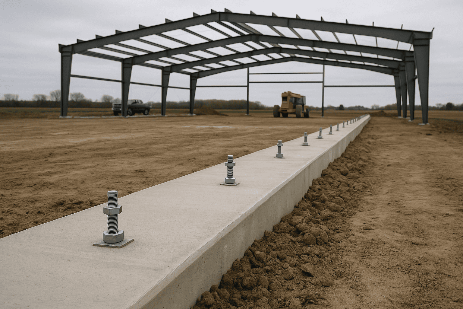 Concrete foundation with anchor bolts installed ready for steel building frame erection