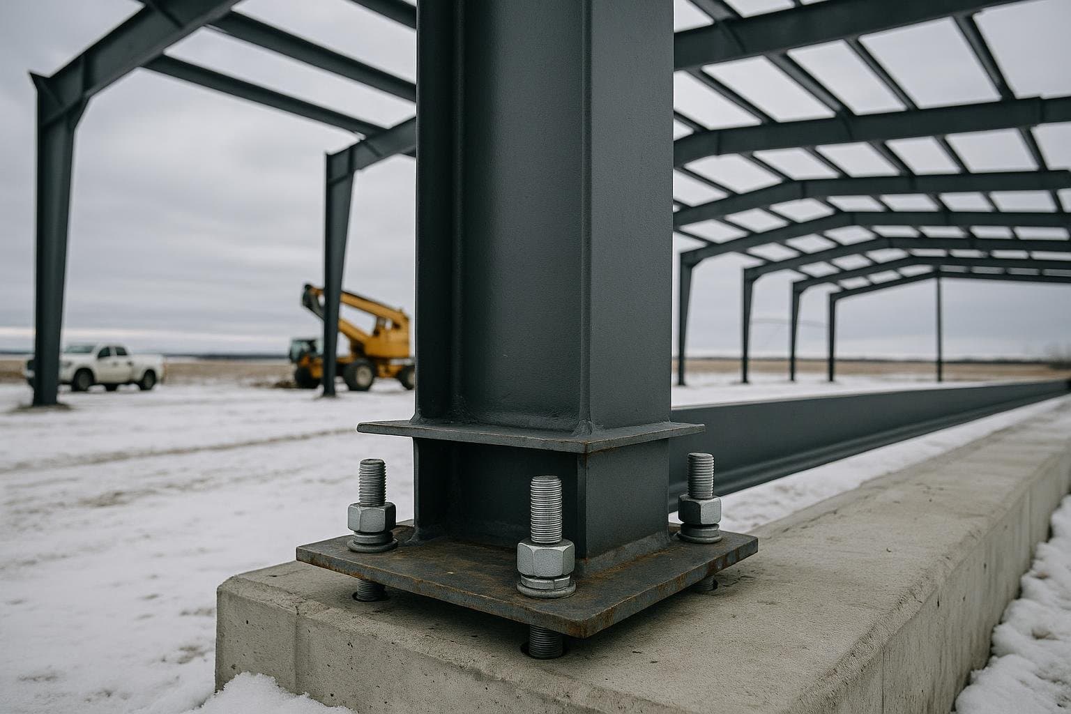 Steel building primary frame erection on Alberta concrete foundation with anchor bolts